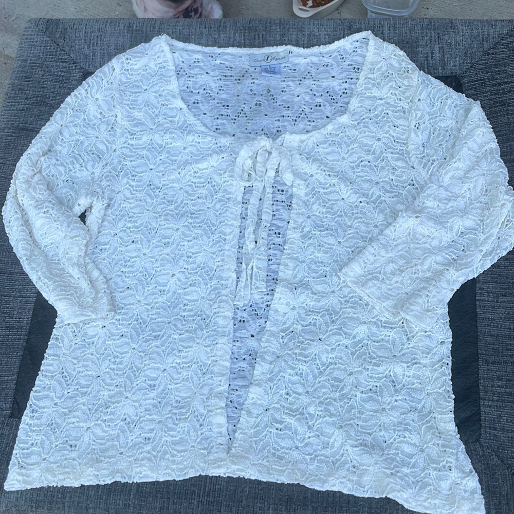 Once 1 Again - Size L - 3/4 length sleeves - cream cardigan w/tie at top…